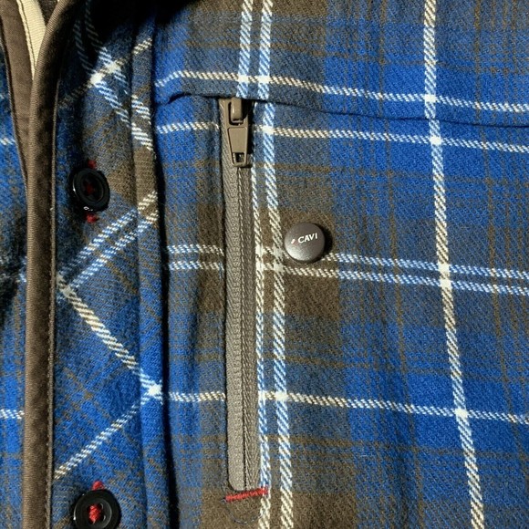 Cavi Mens Flannel Plaid Overshirt Size M Roll Tab Blue Brown Pockets Windowpane - Picture 8 of 12